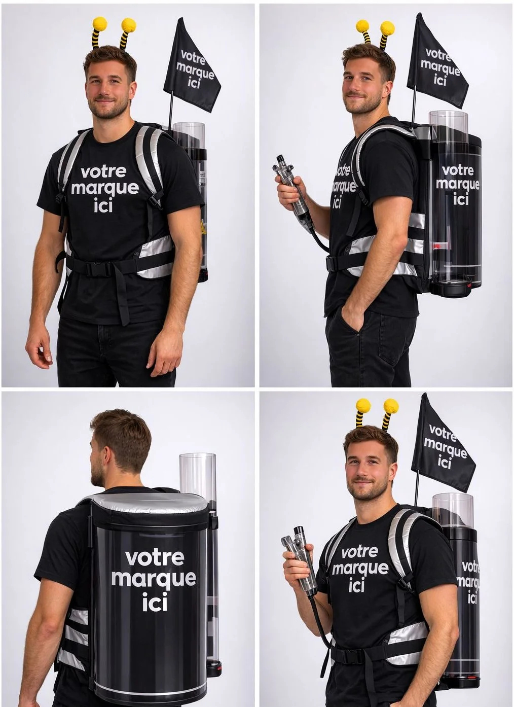 Vue de présentation de l’équipement mobile et de la tenue Bee’Nouse portant la mention votre marque ici